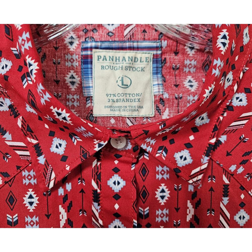PANHANDLE ROUGH STOCK Women's L Western Shirt Pearl Snaps Red Blue White 40" - Picture 3 of 7